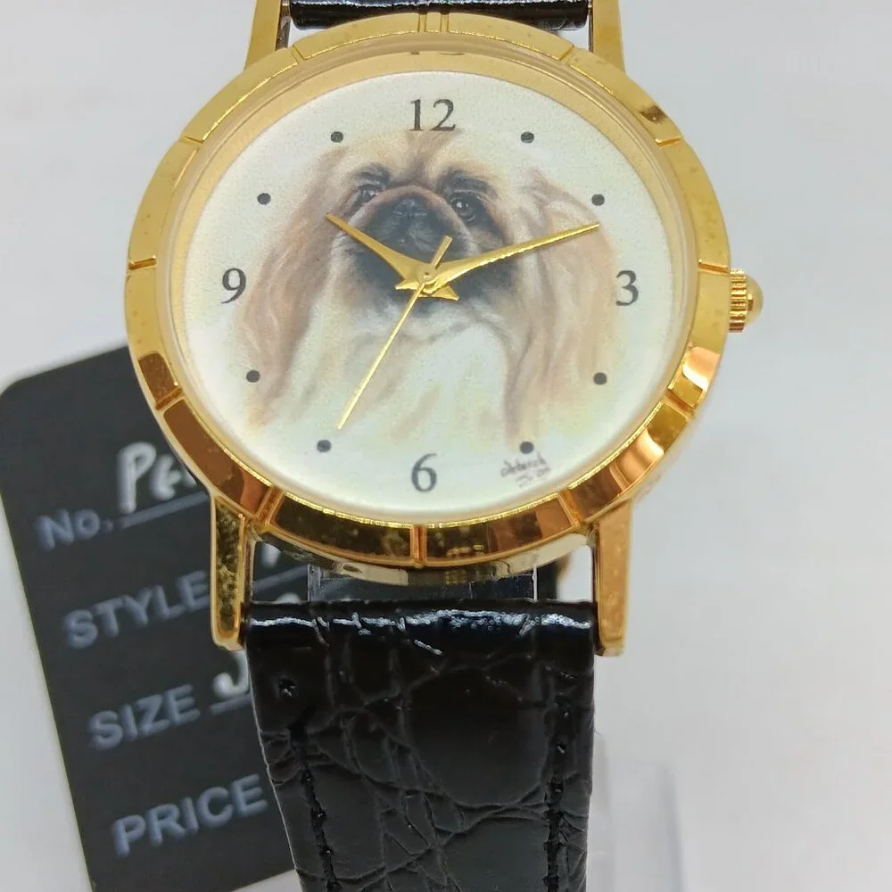 Pekingese 33mm Women's Gold Tone Black Leather Band Dog Watch